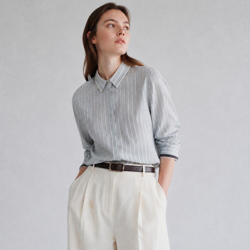 Brunello Cucinelli Silk Striped Monili Shirt Womens L Long Sleeve Button-Up